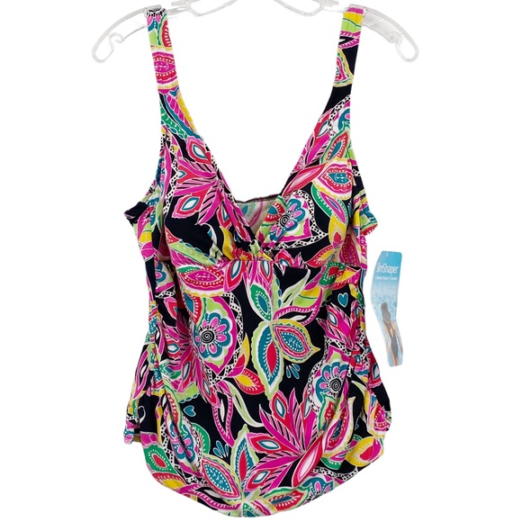 SlimShaper Swim Slimshaper Floral Tankini Top Ruched Panel W Built